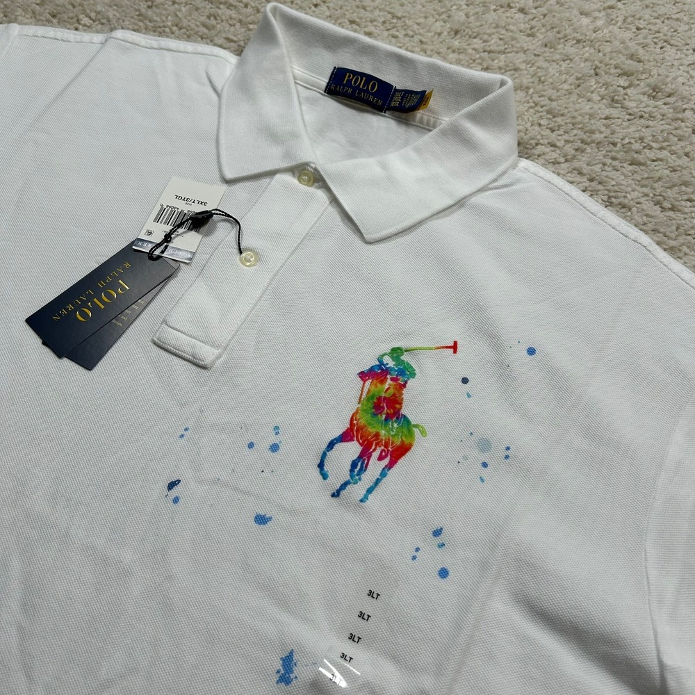 Polo Ralph Lauren Polo Shirt 3XLT White Tie-Dye Big Pony Paint Splatter New NWT